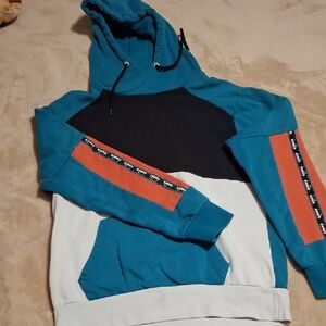 Diadora Teal, Black & White Hoodie with Orange Sleeve Stripes Size M